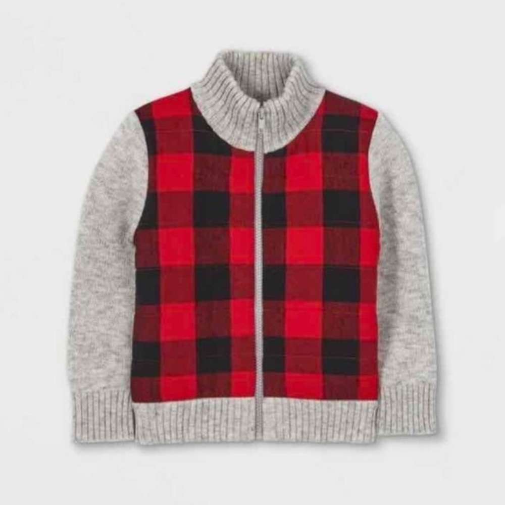 Cat & Jack Buffalo Plaid Knit Zip-Up Sweater